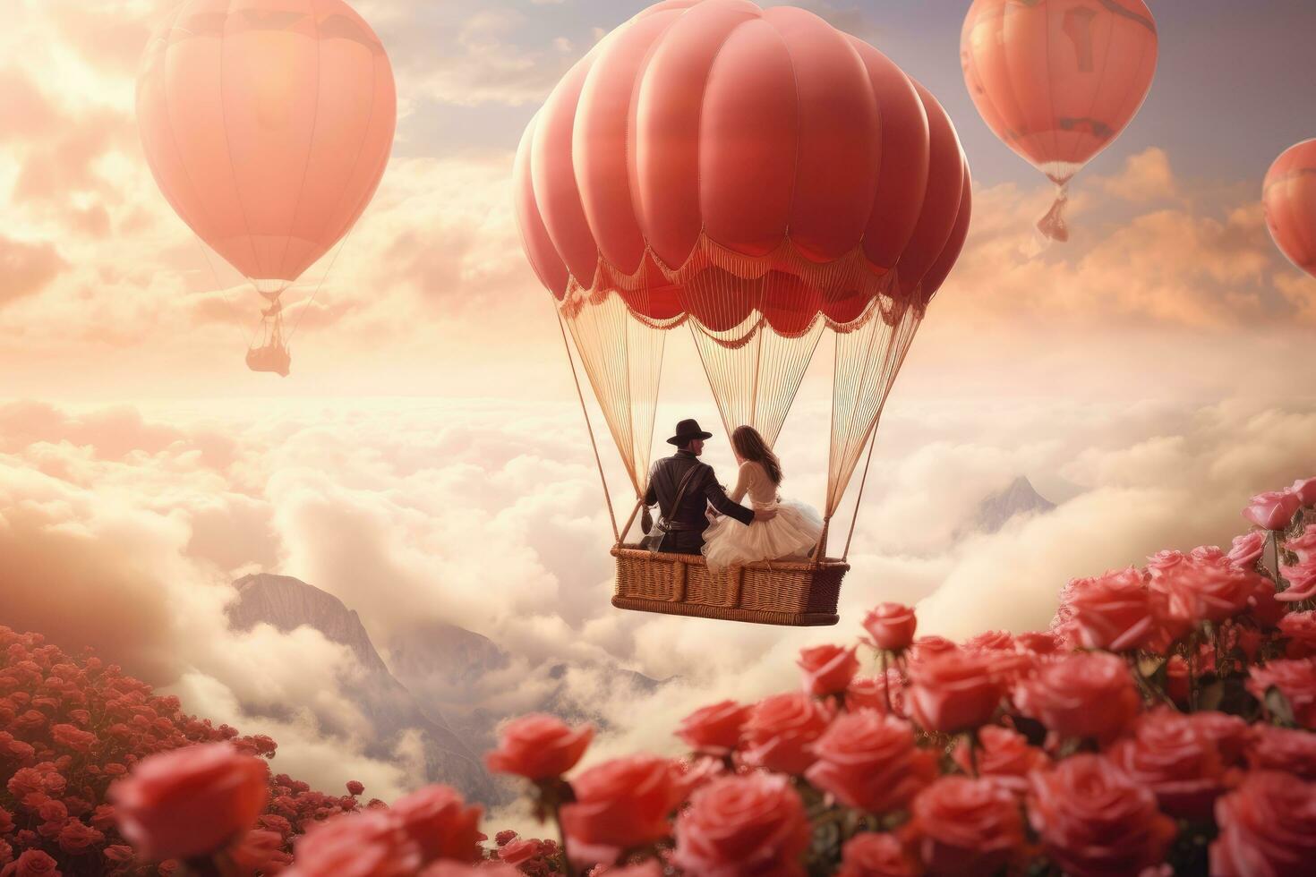 ai gegenereerd paar in liefde vliegend Aan heet lucht ballonnen over- de wolken. Valentijnsdag dag concept, een paar drijvend in een heet lucht ballon over- een vallei van rozen, ai gegenereerd foto