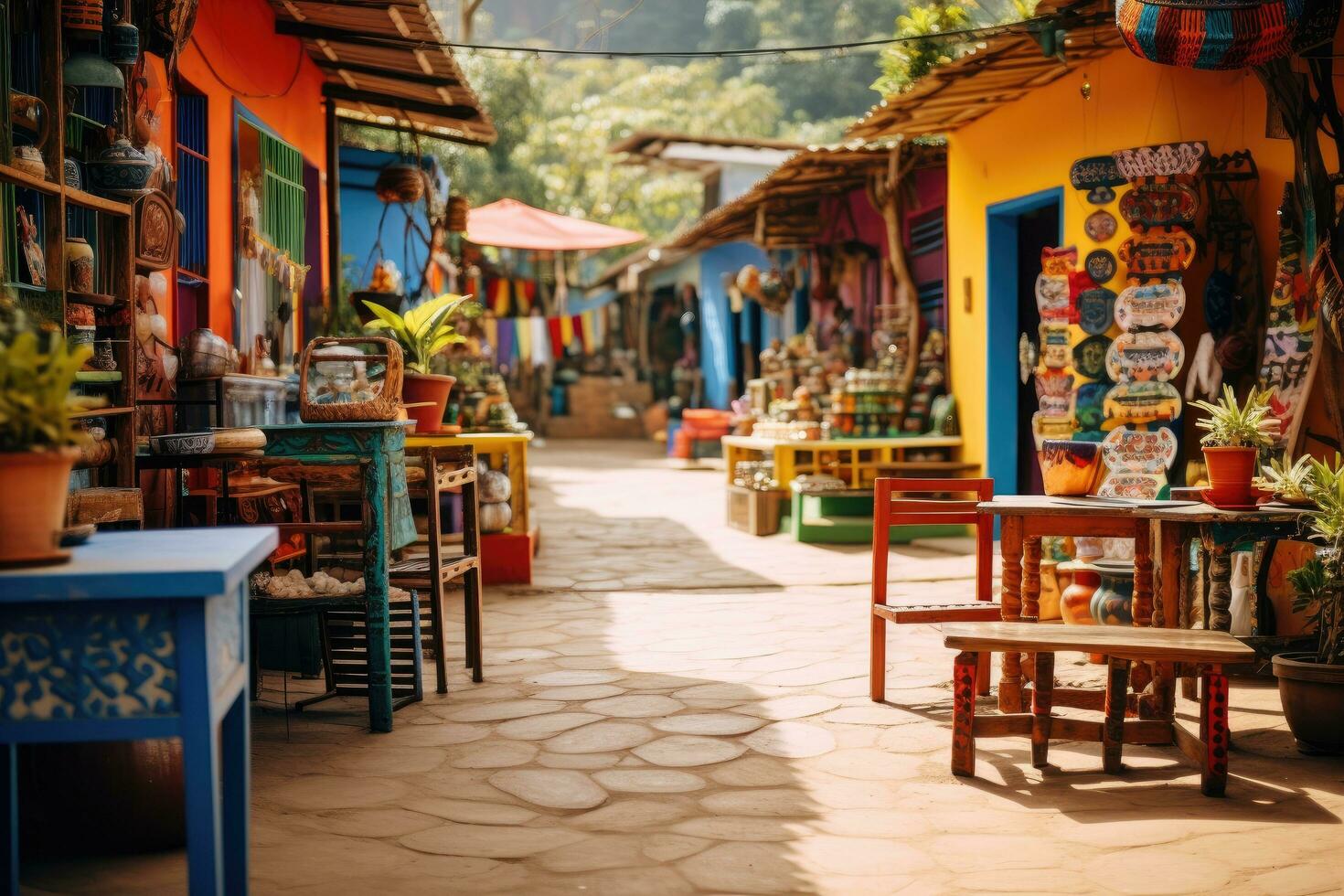 ai gegenereerd kleurrijk souvenir winkel Aan de straat in guatape, Colombia, een kleurrijk ambachtelijk marktplaats in een zuiden Amerikaans dorp, ai gegenereerd foto