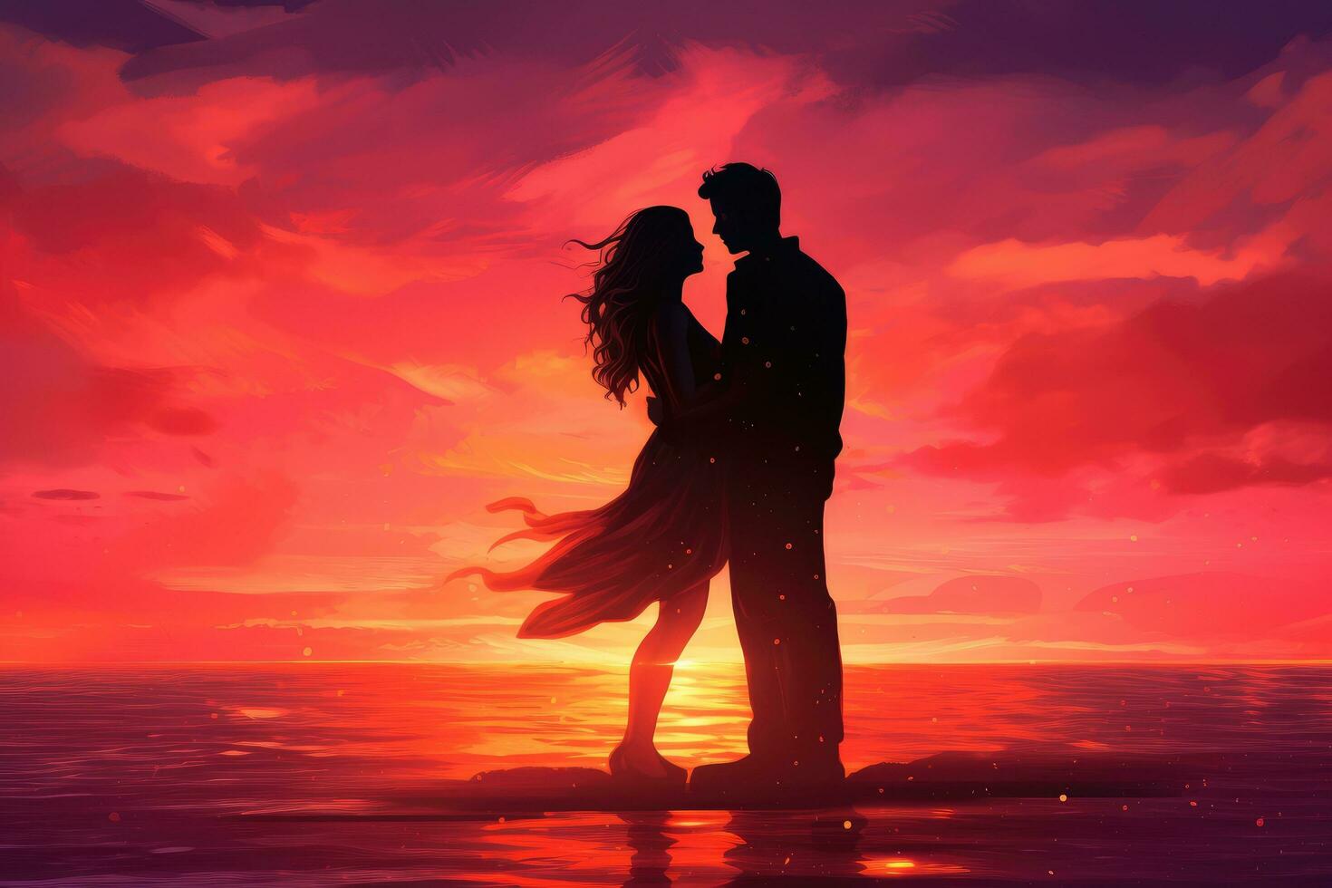 ai gegenereerd romantisch paar in liefde Aan de achtergrond van een mooi zonsondergang, een paar omarmen in voorkant van een levendig Valentijnsdag dag zonsondergang, ai gegenereerd foto