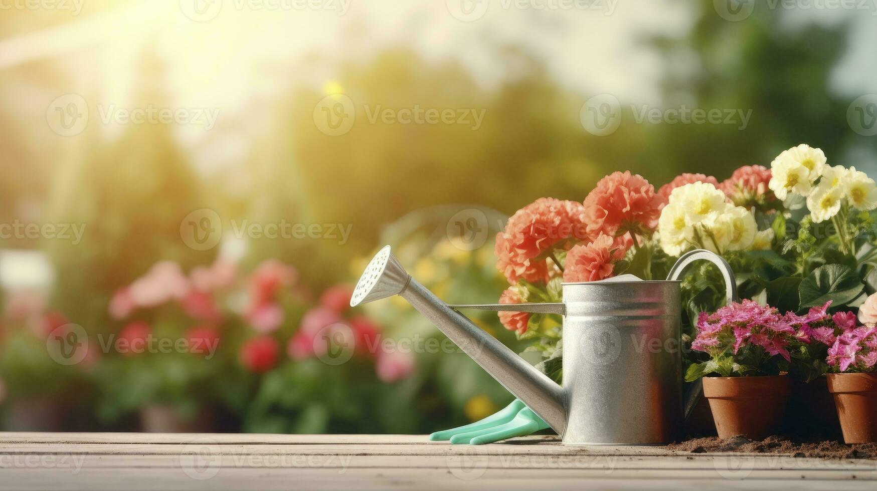 ai gegenereerd mooi bloemen in potten buiten in de tuin foto