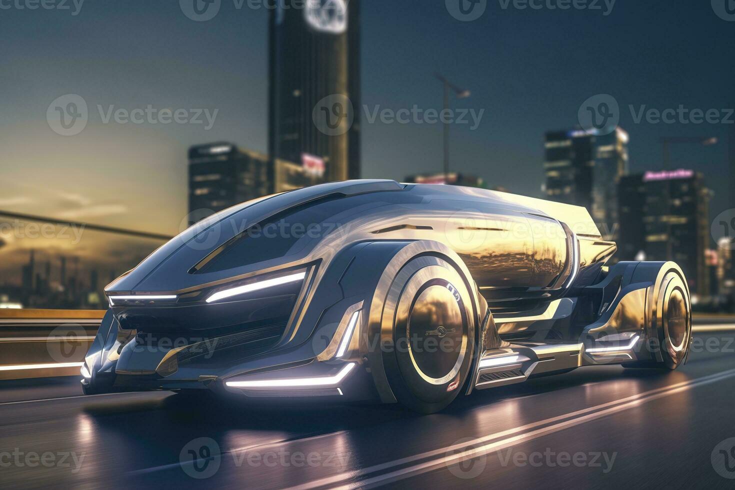 ai gegenereerd 23e eeuw futuristische vrachtauto met hyper modern drijfveer, breed hoek lens, en futuristische wolkenkrabber in de achtergrond. ai generatief foto