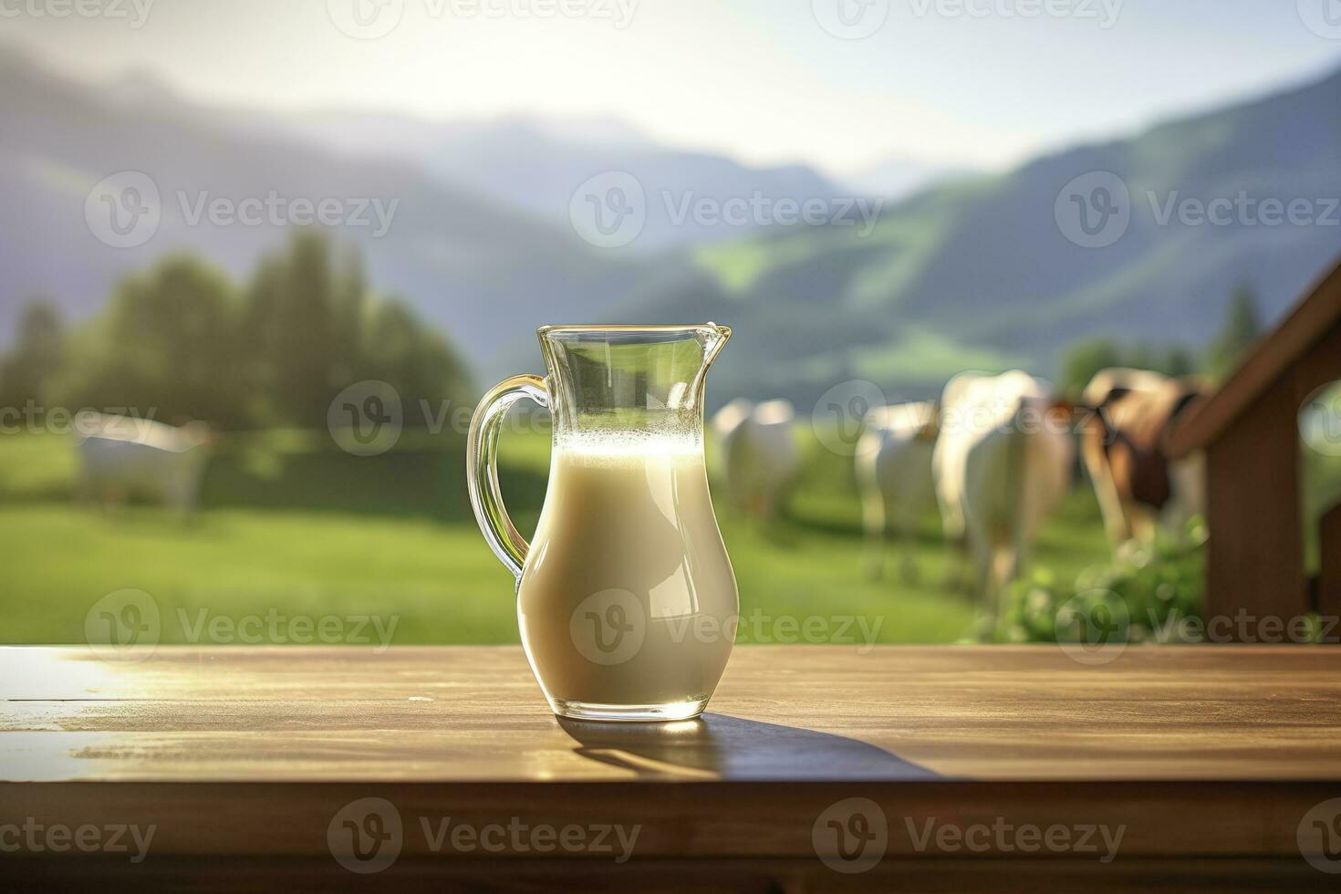 ai gegenereerd glas werper met vers melk Aan een houten tafel. ai gegenereerd foto