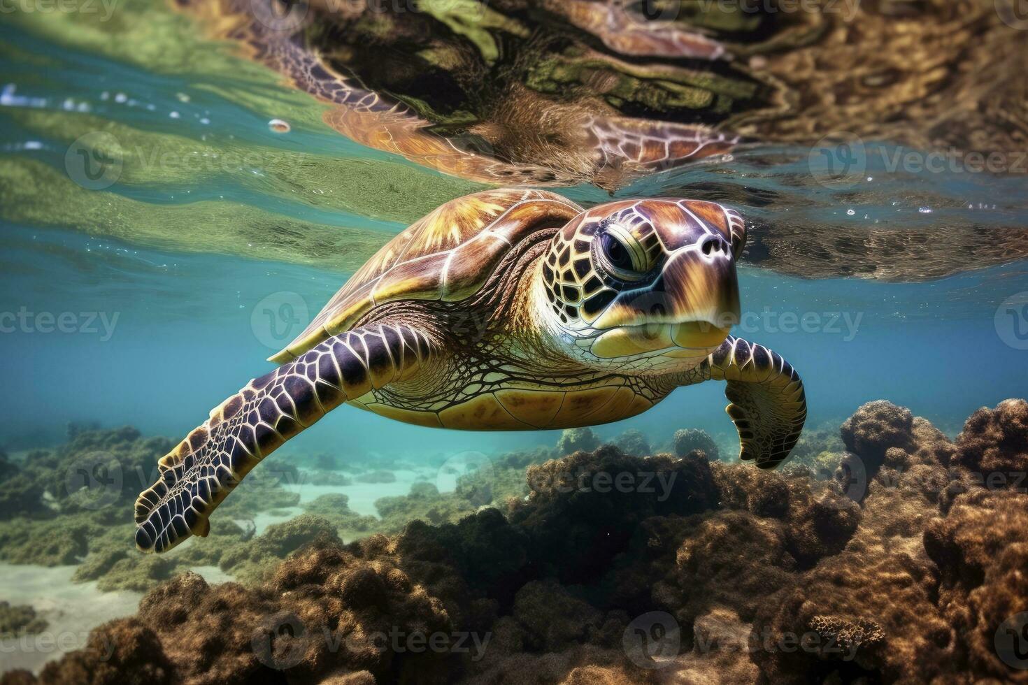 ai gegenereerd groen schildpad Bij de zeewater. ai gegenereerd foto