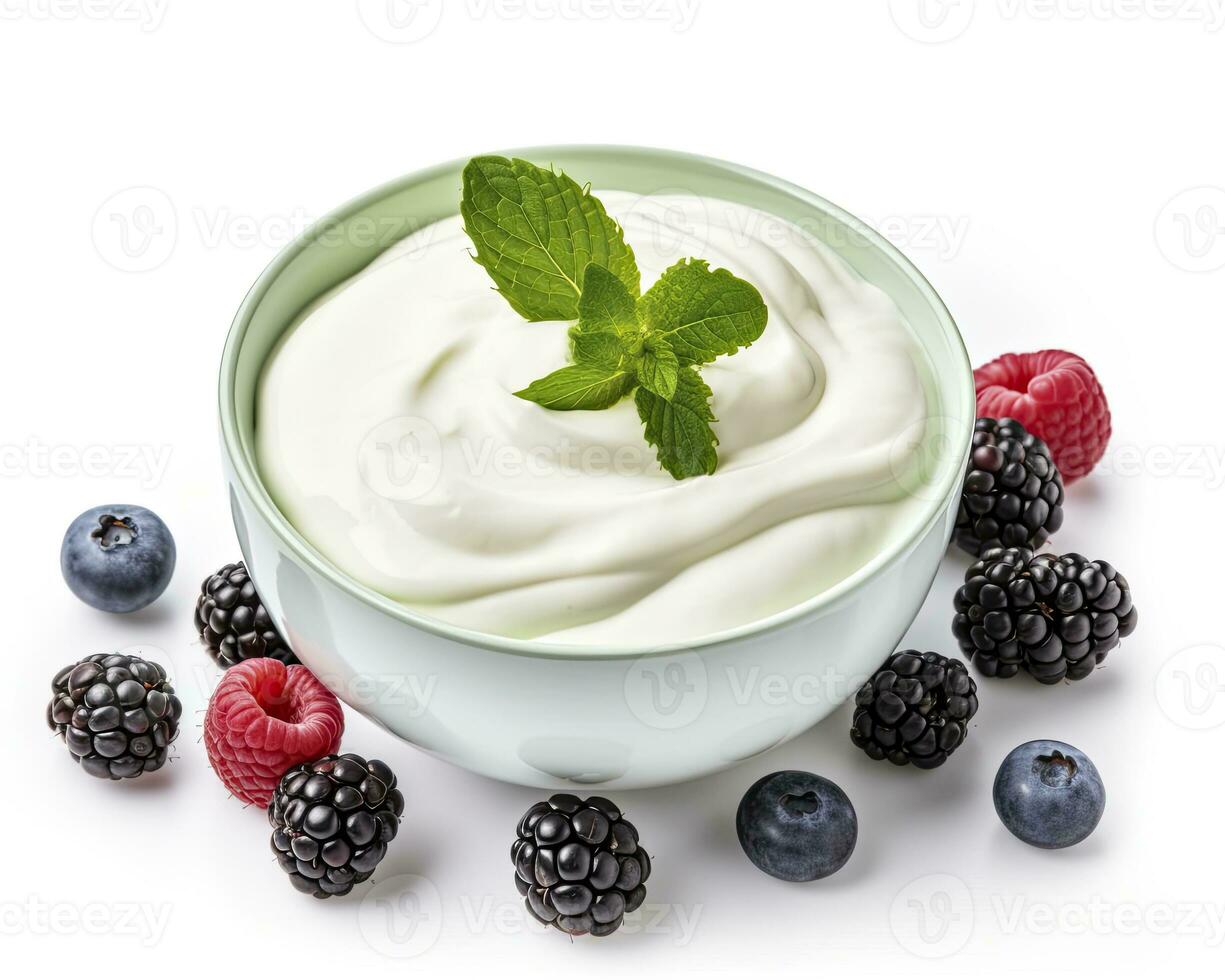 ai gegenereerd groen kom van Grieks yoghurt en vers bessen geïsoleerd Aan wit achtergrond. ai gegenereerd foto