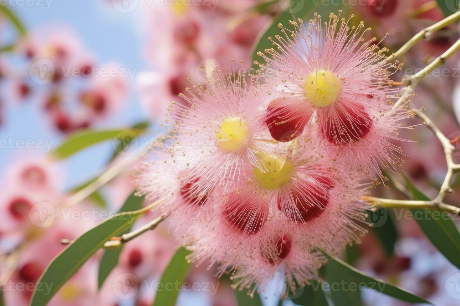 ai gegenereerd mooi gom boom roze bloemen en knoppen. ai gegenereerd foto