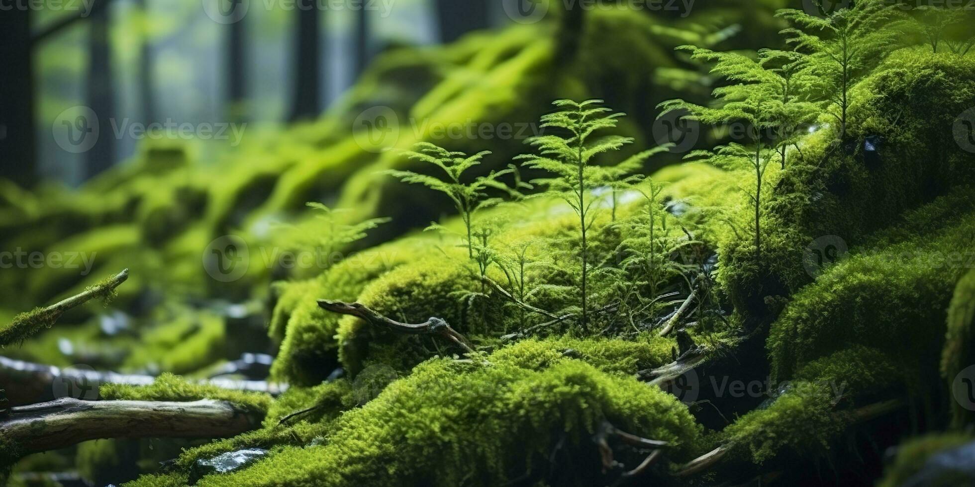 ai gegenereerd groen mos detailopname, met een backdrop van bos. Woud in de nationaal park. ai gegenereerd foto