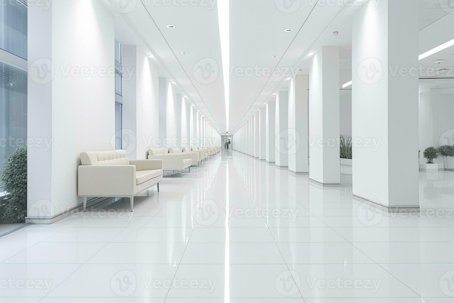 ai gegenereerd interieur ontwerp van een modern luxueus wit gebouw gang of gang met aan het wachten stoel. ai gegenereerd foto
