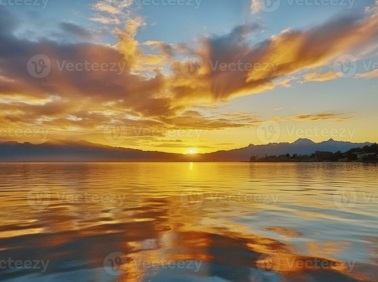 ai gegenereerd helder zonsondergang over- meer gouden wolken reflecteren in de water. ai gegenereerd. foto