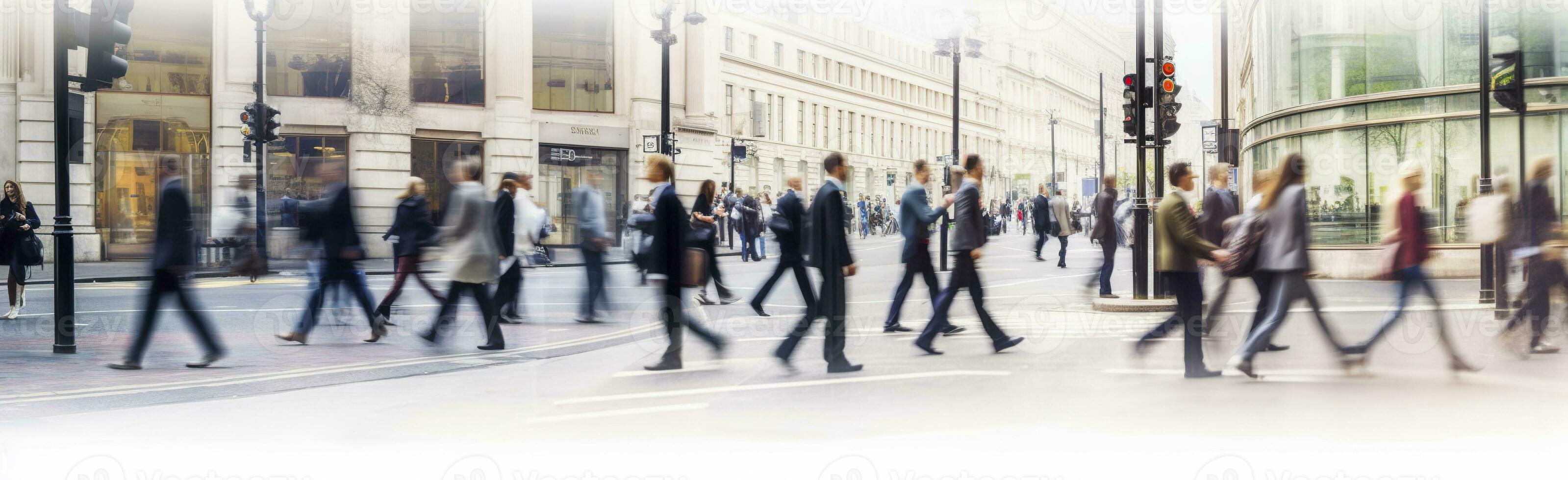 ai gegenereerd wandelen mensen vervagen. veel van mensen wandelen in de stad van Londen. breed panoramisch visie van mensen kruispunt de weg. ai gegenereerd foto