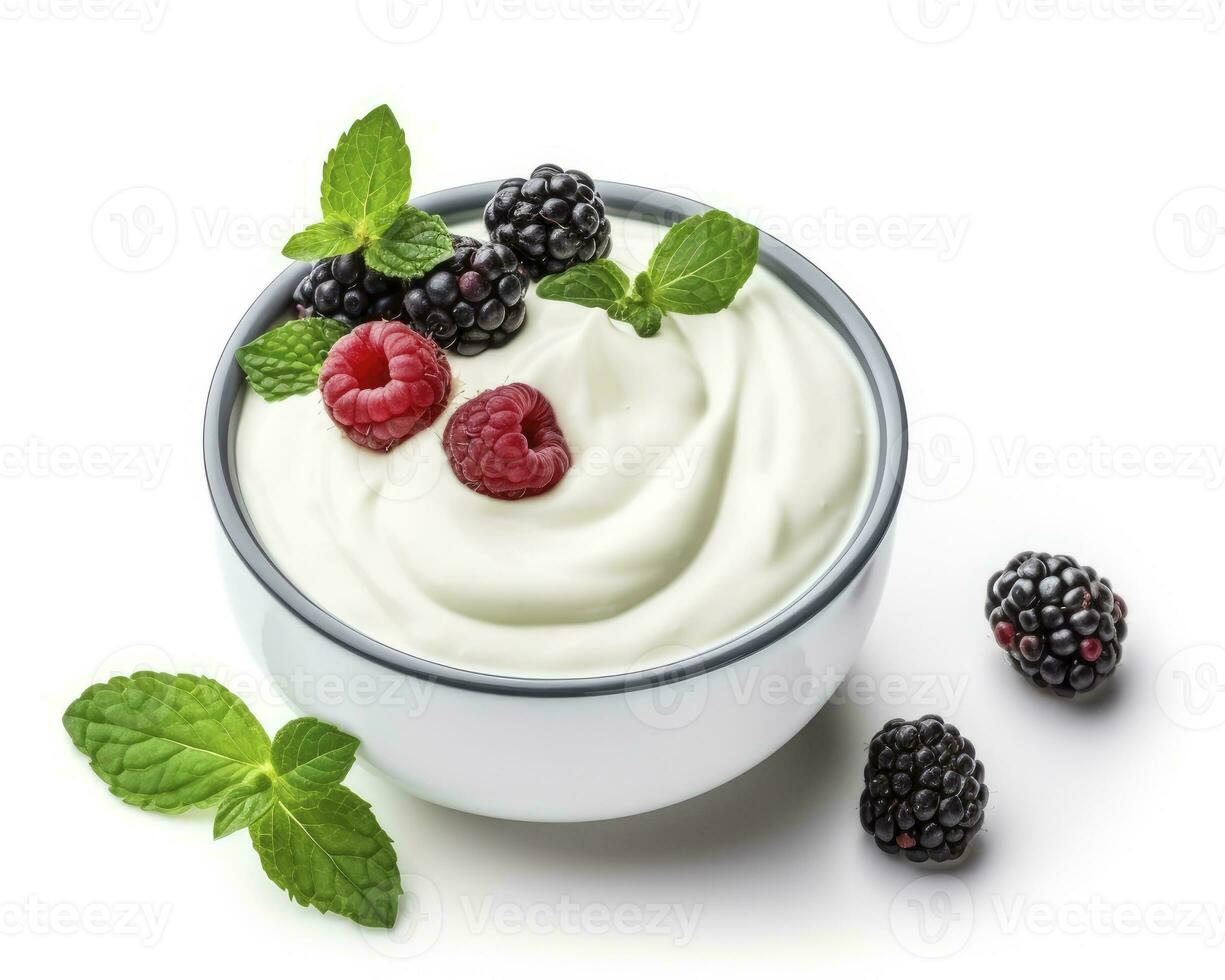 ai gegenereerd groen kom van Grieks yoghurt en vers bessen geïsoleerd Aan wit achtergrond. ai gegenereerd foto