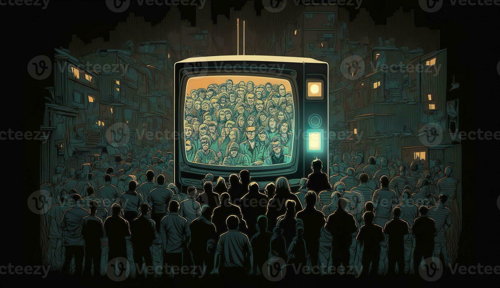 ai gegenereerd mensen menigte aan het kijken TV. TV verslaving, propaganda en nep nieuws concept. generatief ai foto