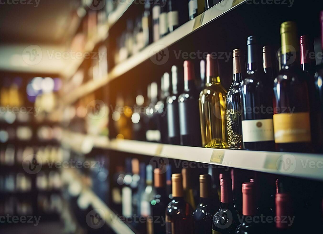 ai gegenereerd abstract vervagen wijn flessen Aan likeur alcohol schappen in supermarkt op te slaan achtergrond. generatief ai foto