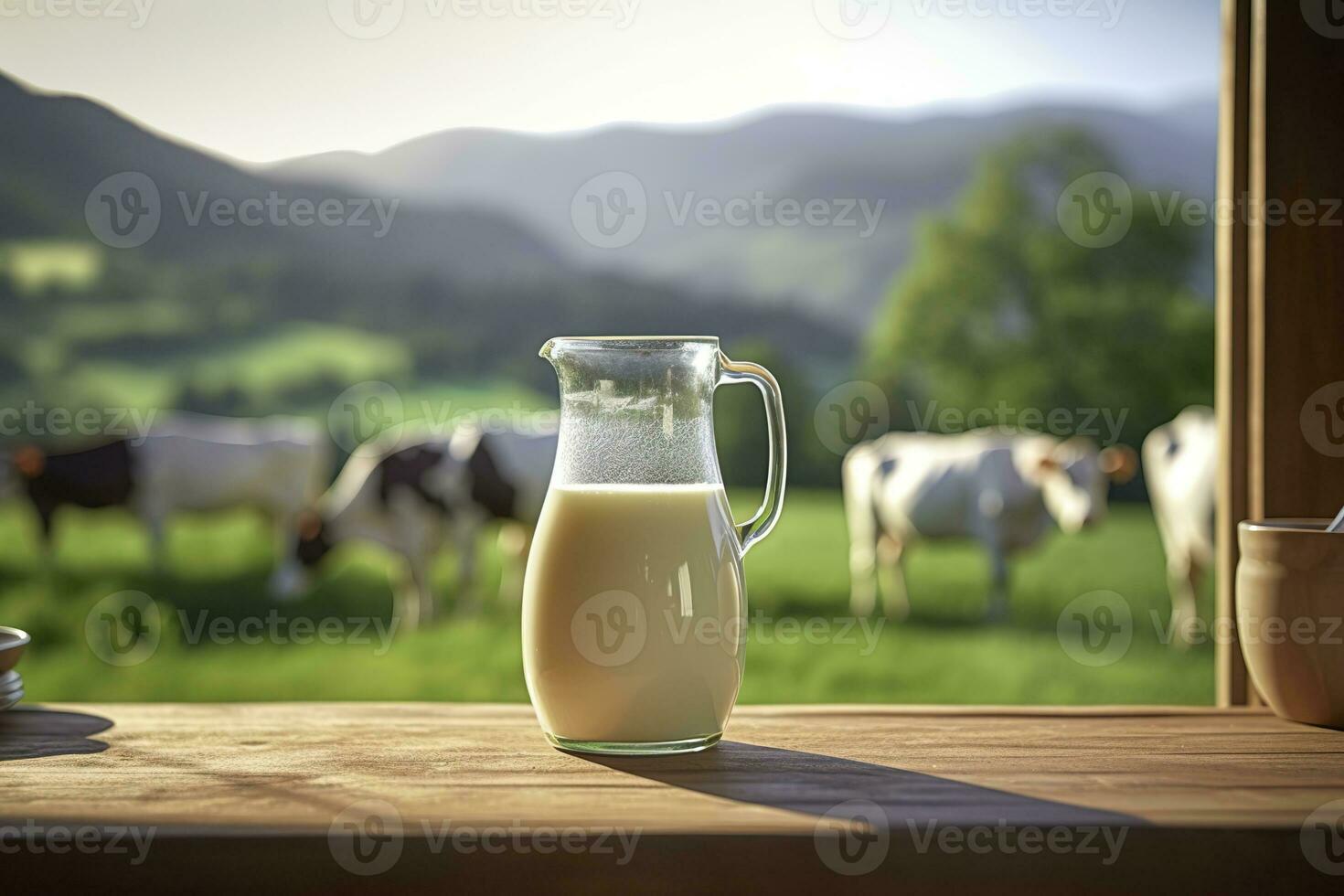 ai gegenereerd glas werper met vers melk Aan een houten tafel. ai gegenereerd foto