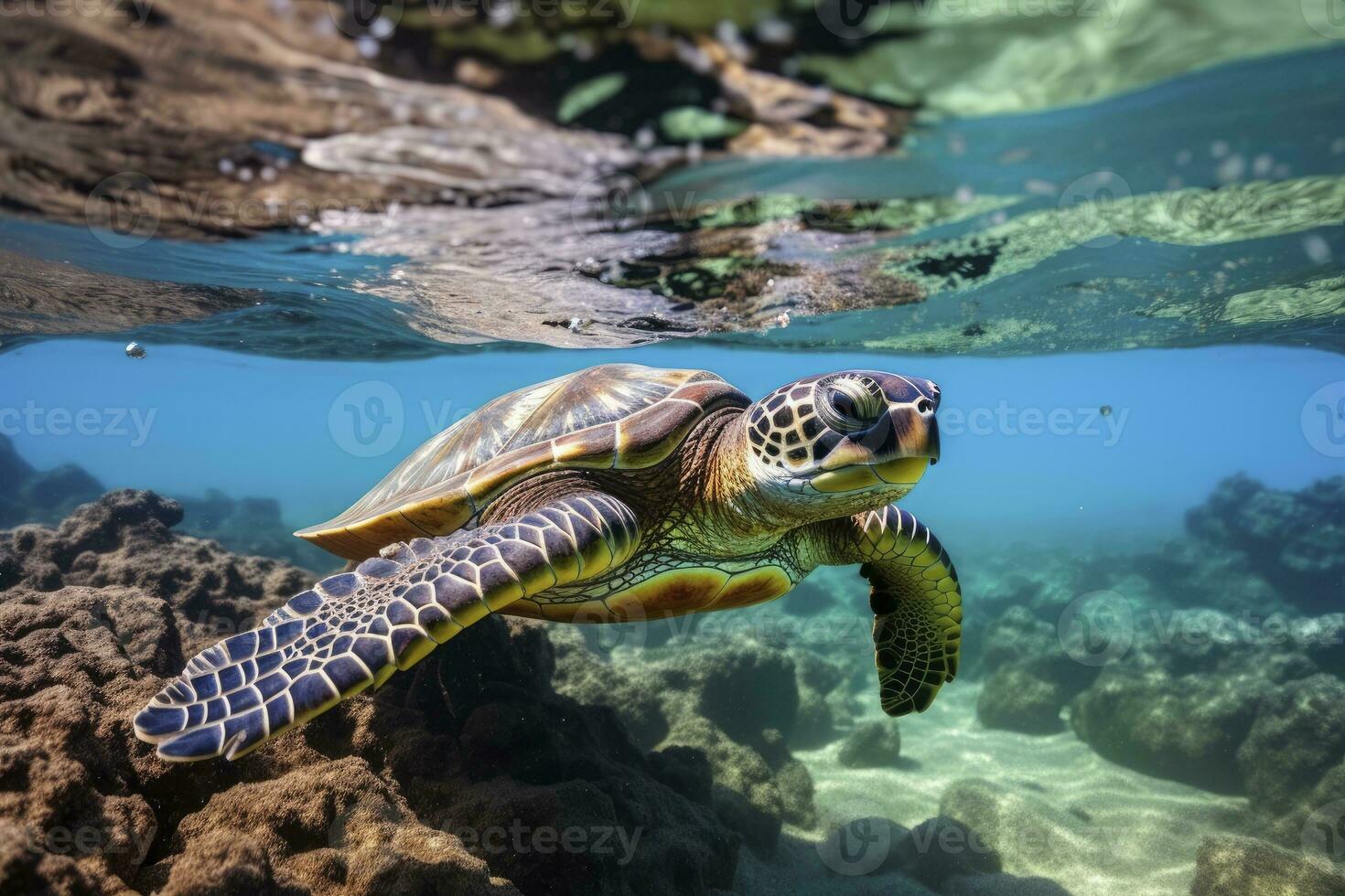 ai gegenereerd groen schildpad Bij de zeewater. ai gegenereerd foto