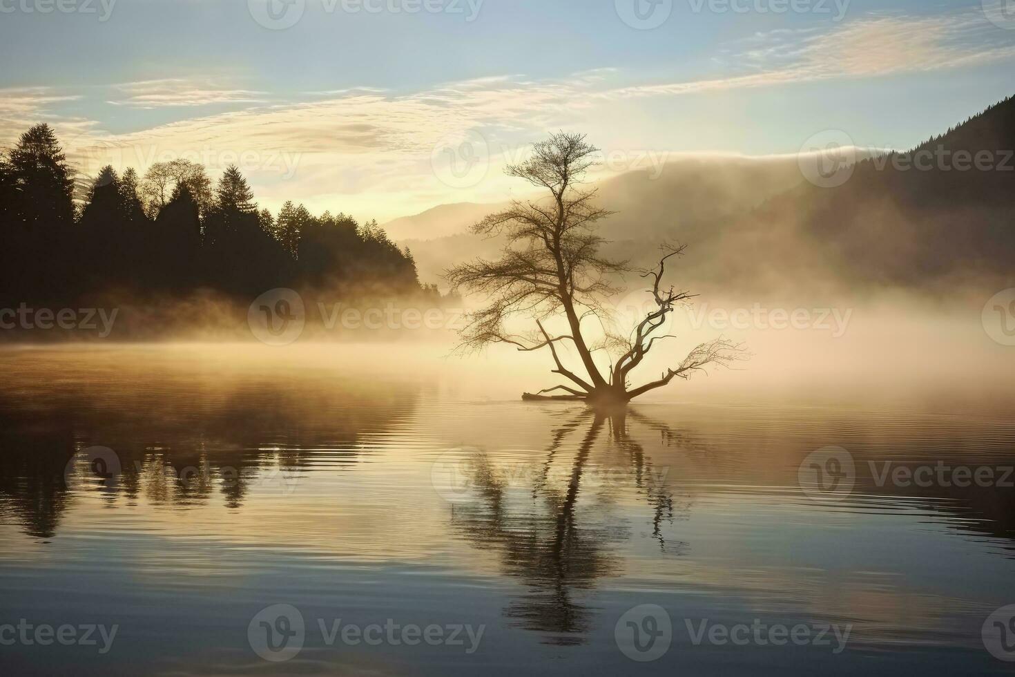 ai gegenereerd wanaka's eenzaam wilg boom welke is gelegen alleen maar uit van de meer oever. ai gegenereerd foto