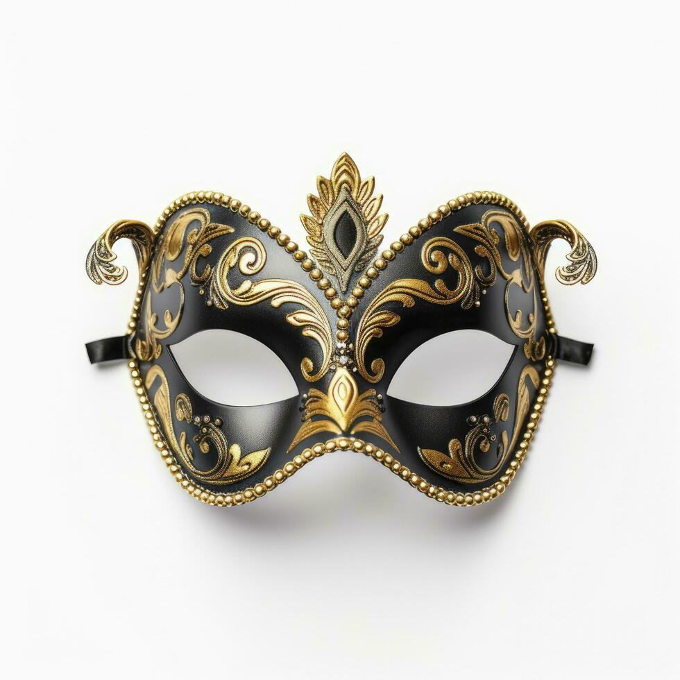 ai gegenereerd zwart en goud carnaval masker geïsoleerd Aan wit achtergrond. foto