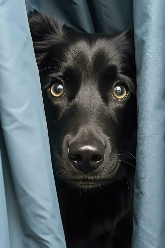 ai gegenereerd zwart hond gluren van achter lucht blauw gordijn foto
