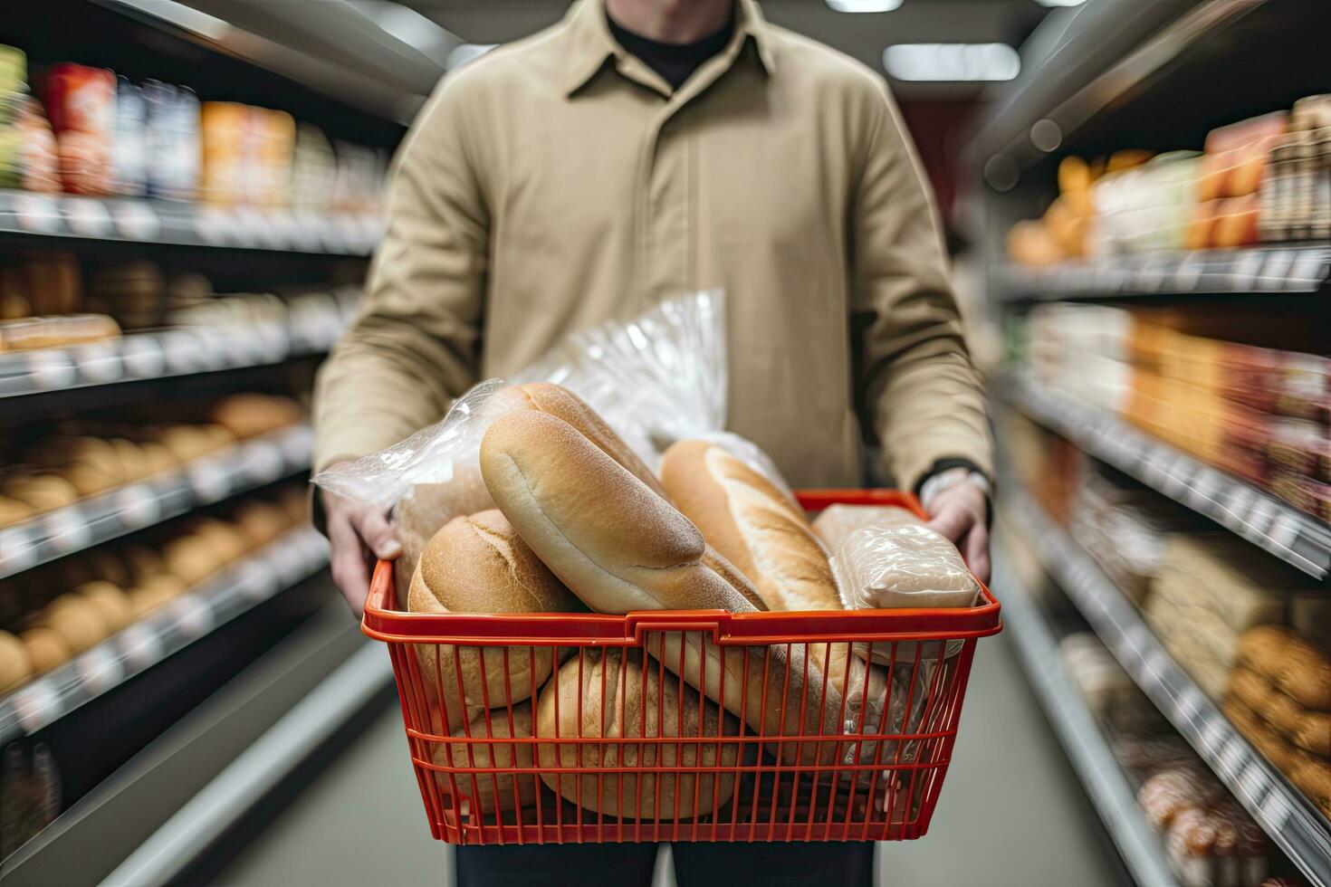 ai gegenereerd Mens Holding boodschappen doen mand met brood en melk boodschappen in supermarkt. ai gegenereerd foto