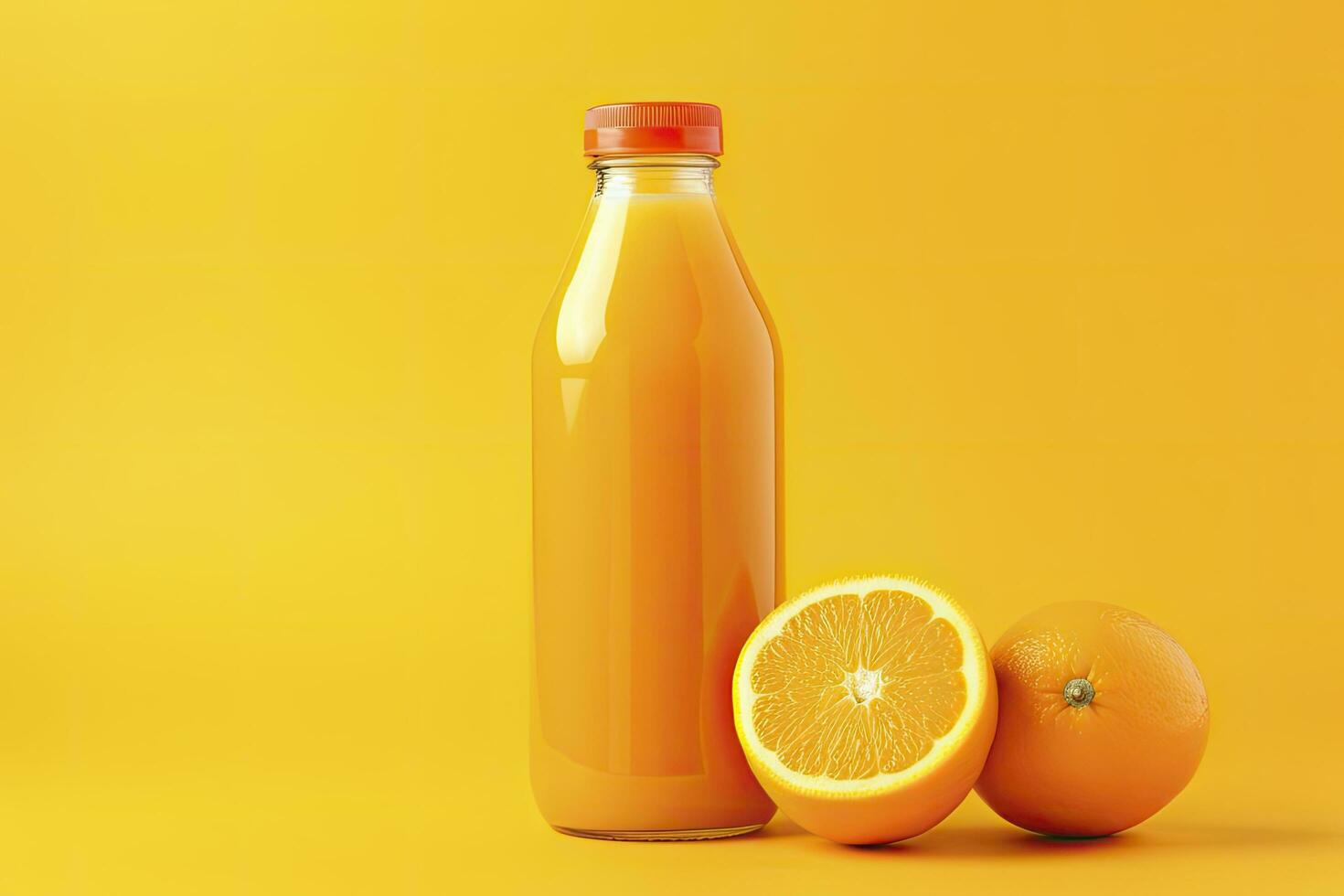 ai gegenereerd oranje sap fles Aan oranje achtergrond. ai gegenereerd foto