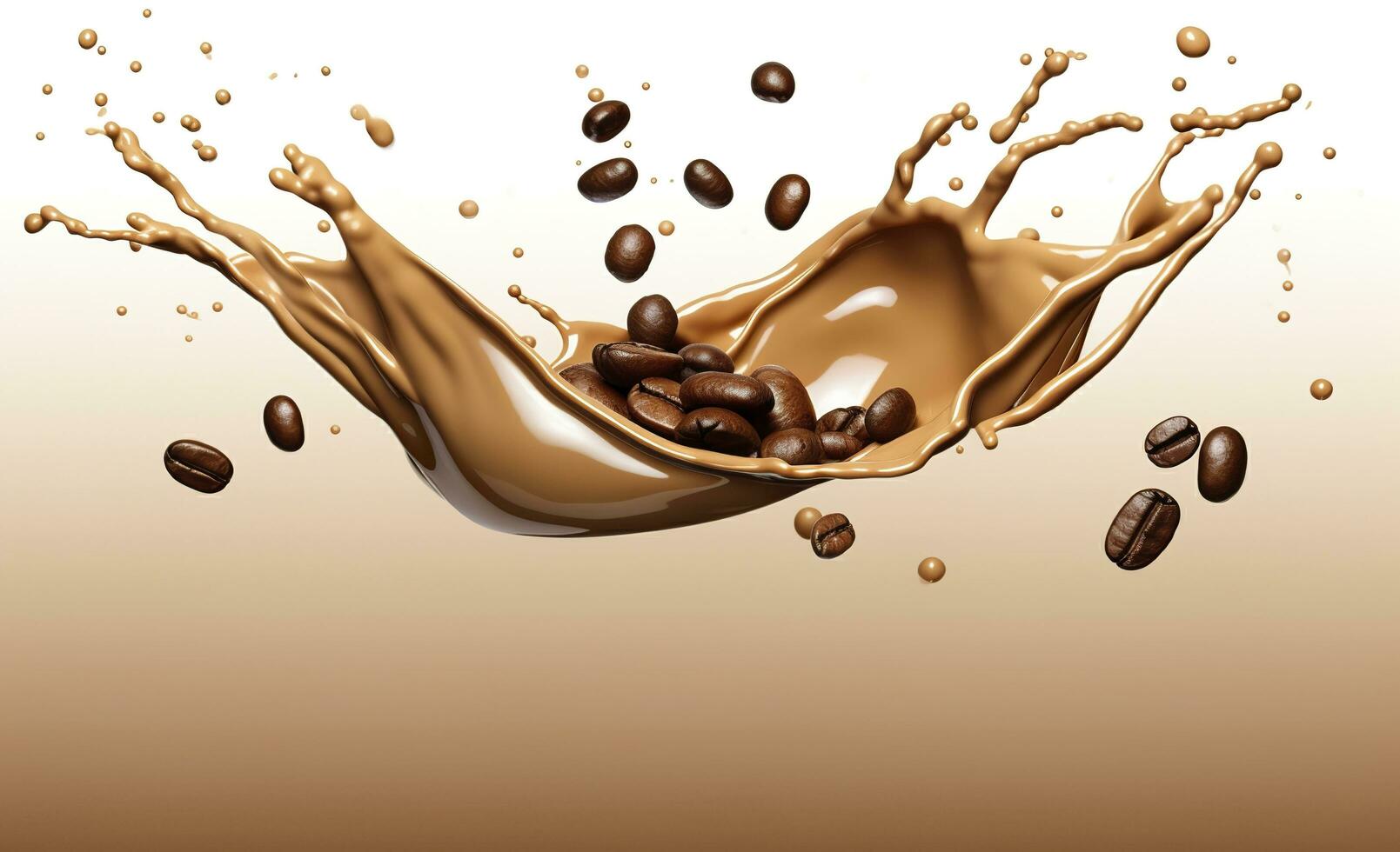 ai gegenereerd heet vloeistof koffie plons met koffie Boon vallen, 3d illustratie. ai gegenereerd foto