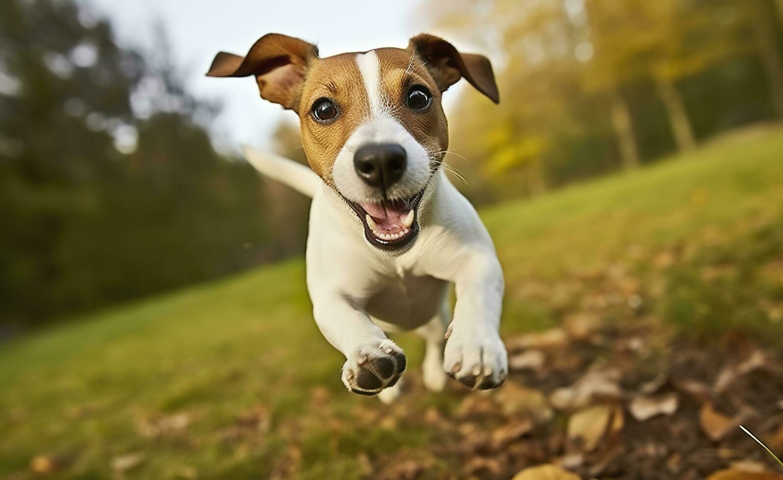 ai gegenereerd jack russel dominee hond rennen richting de camera laag hoek hoog snelheid schot. ai gegenereerd foto