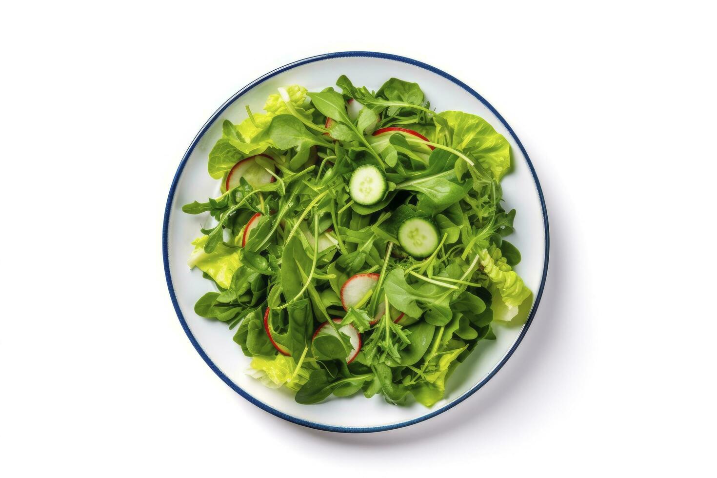 ai gegenereerd gezond vers groen salade bord schot van bovenstaand Aan wit achtergrond. ai gegenereerd foto