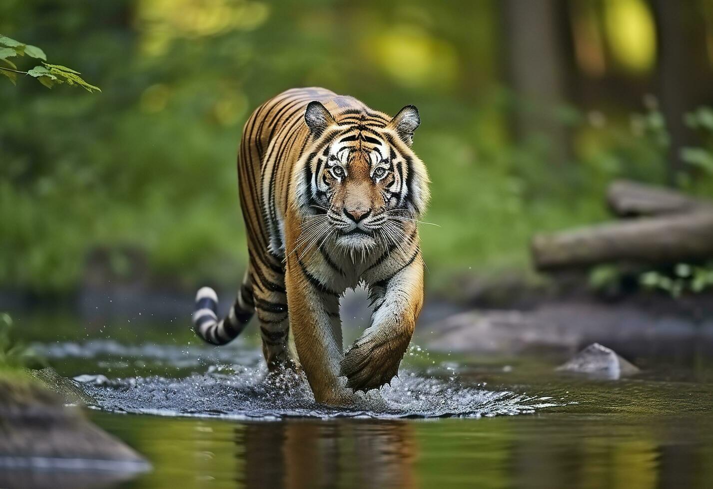 ai gegenereerd amur tijger wandelen in de water. gevaarlijk dier. dier in een groen Woud stroom. generatief ai foto