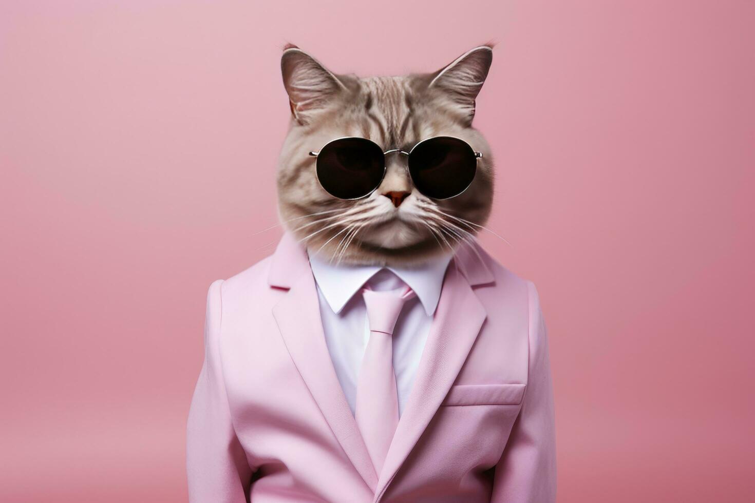 ai gegenereerd een kat is vervelend zonnebril en pak Aan roze achtergrond. ai gegenereerd foto