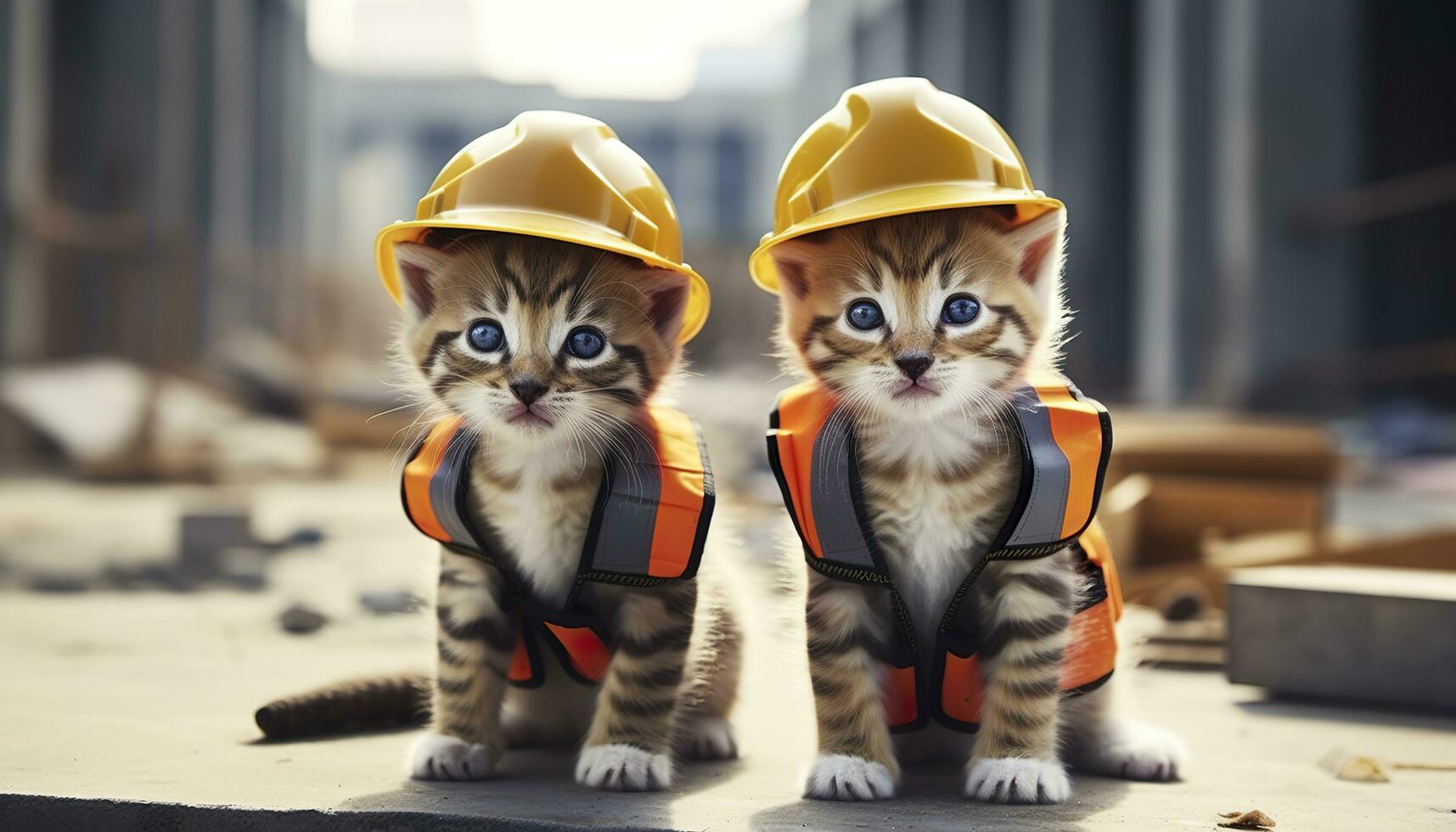 ai gegenereerd twee kittens vervelend moeilijk hoeden Aan een bouw plaats. generatief ai foto
