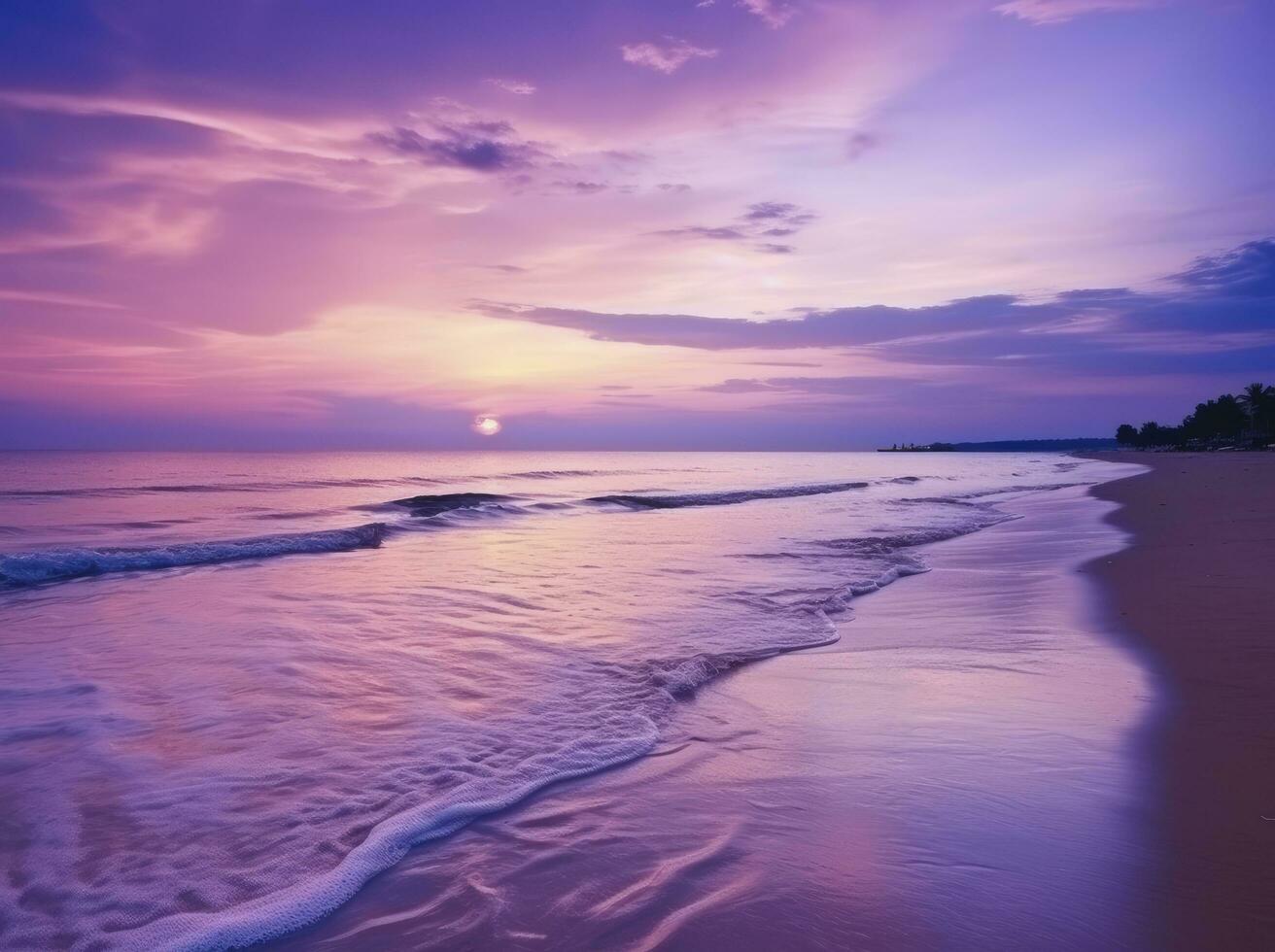 ai gegenereerd zomer strand met blauw water en Purper lucht Bij de zonsondergang. ai gegenereerd. foto