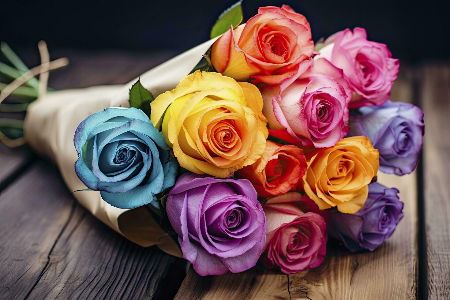 ai gegenereerd bundel van multi gekleurde rozen Aan houten planken, gelukkig verjaardag aan het liegen Aan planken. ai gegenereerd foto