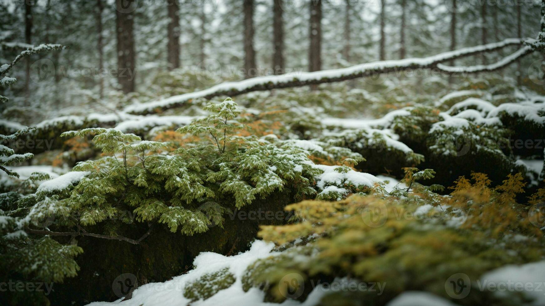 ai gegenereerd beschrijven de texturen en kleuren van met korstmossen bedekt takken in een met sneeuw bedekt boreale Woud. foto