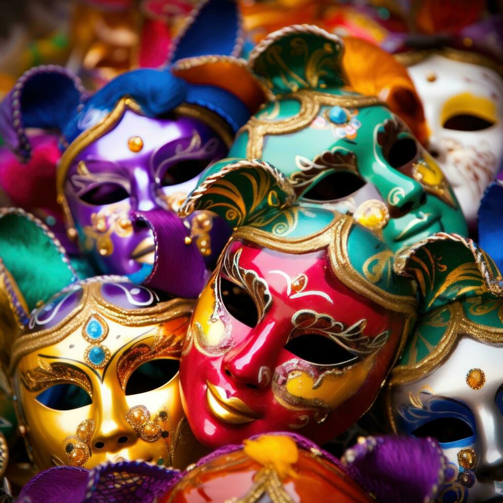 ai gegenereerd kleurrijk carnaval maskers tegen een levendig achtergrond, foto
