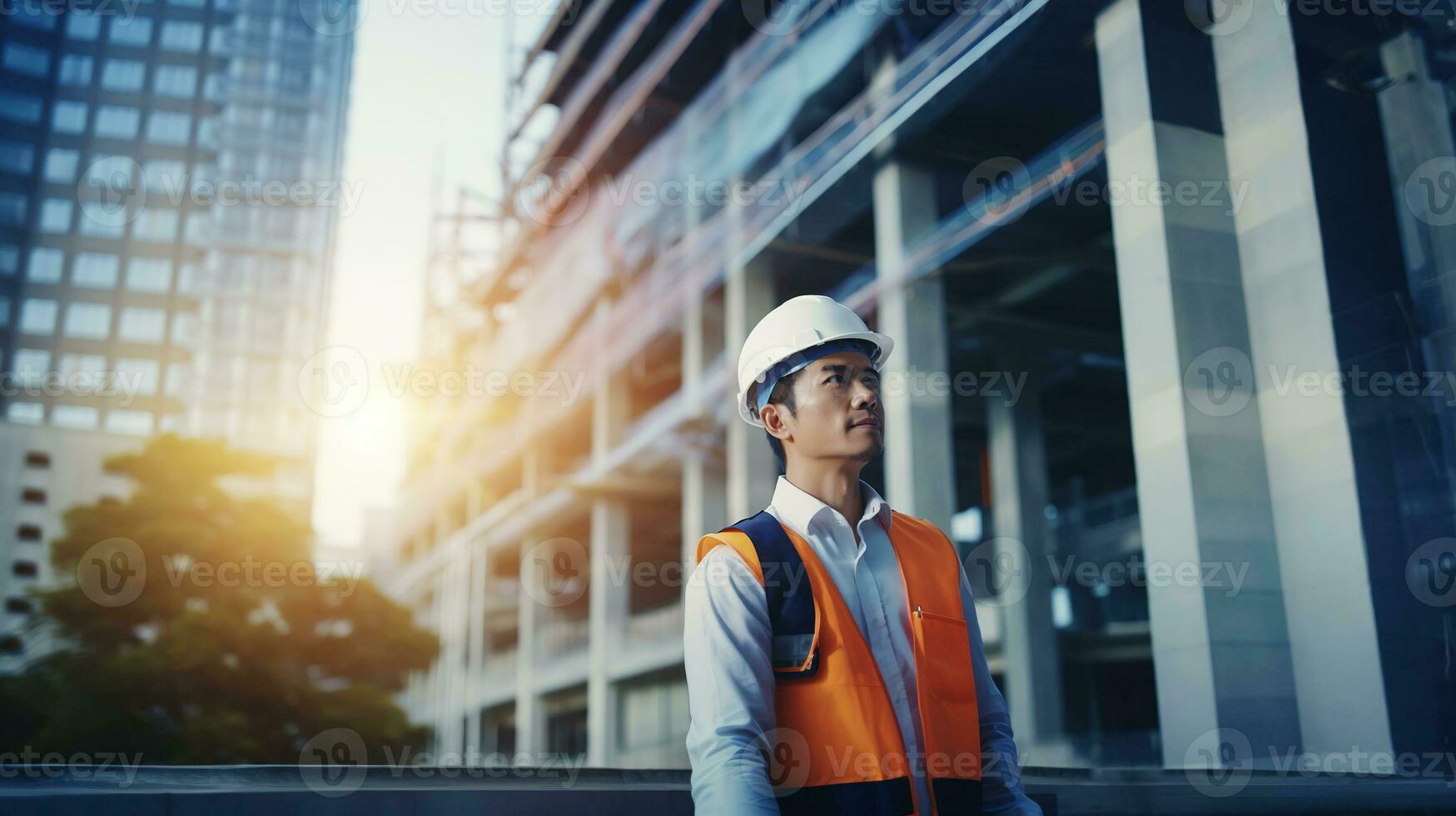 ai gegenereerd portret van Aziatisch ingenieur of architect Aan bouw plaats met gebouw achtergrond foto