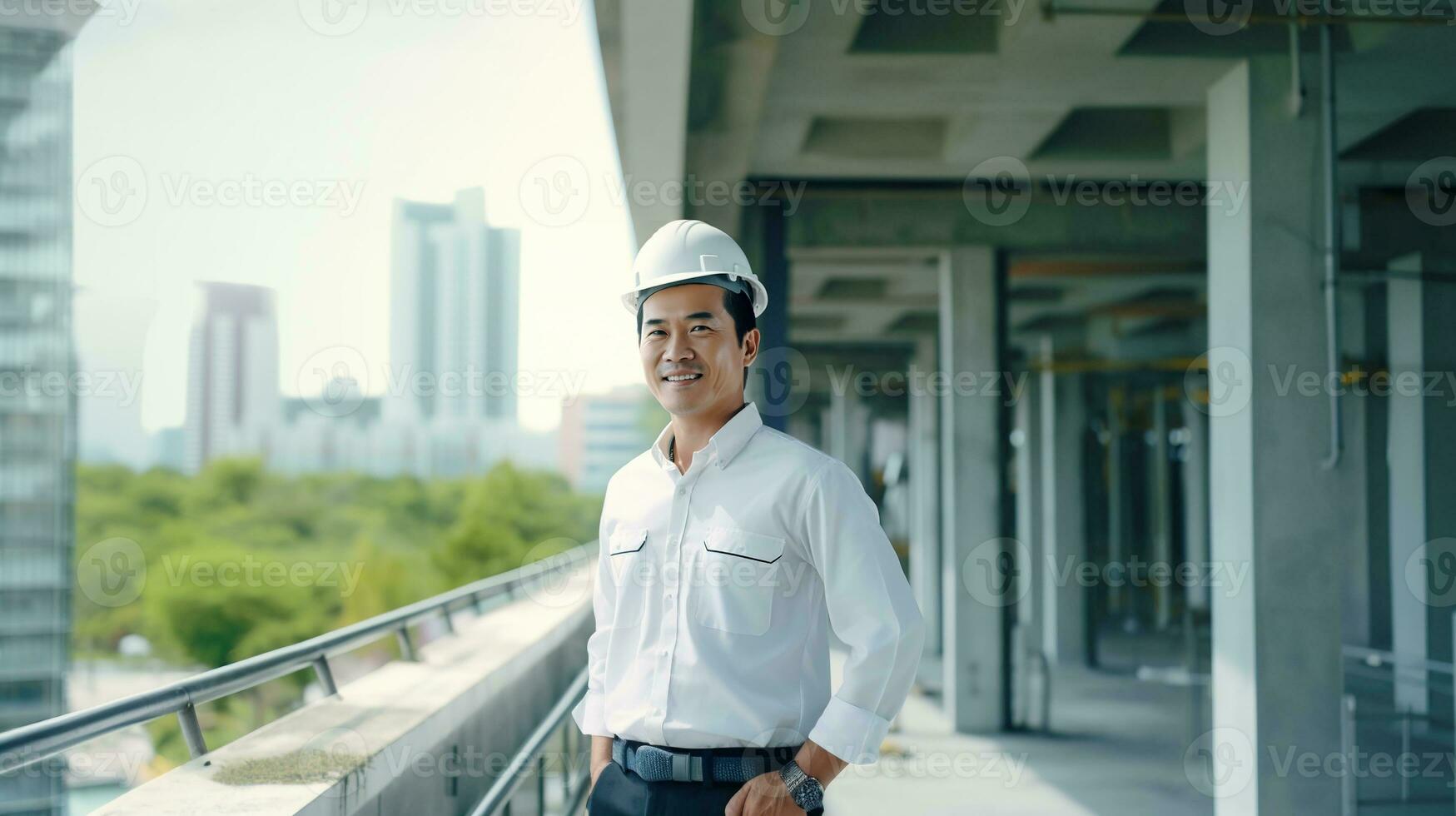 ai gegenereerd portret van Aziatisch ingenieur of architect Aan bouw plaats met gebouw achtergrond foto