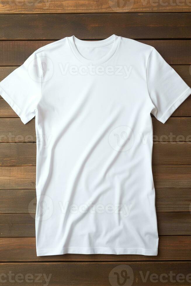 ai gegenereerd wit t-shirt Aan houten achtergrond, top visie. mockup voor ontwerp foto