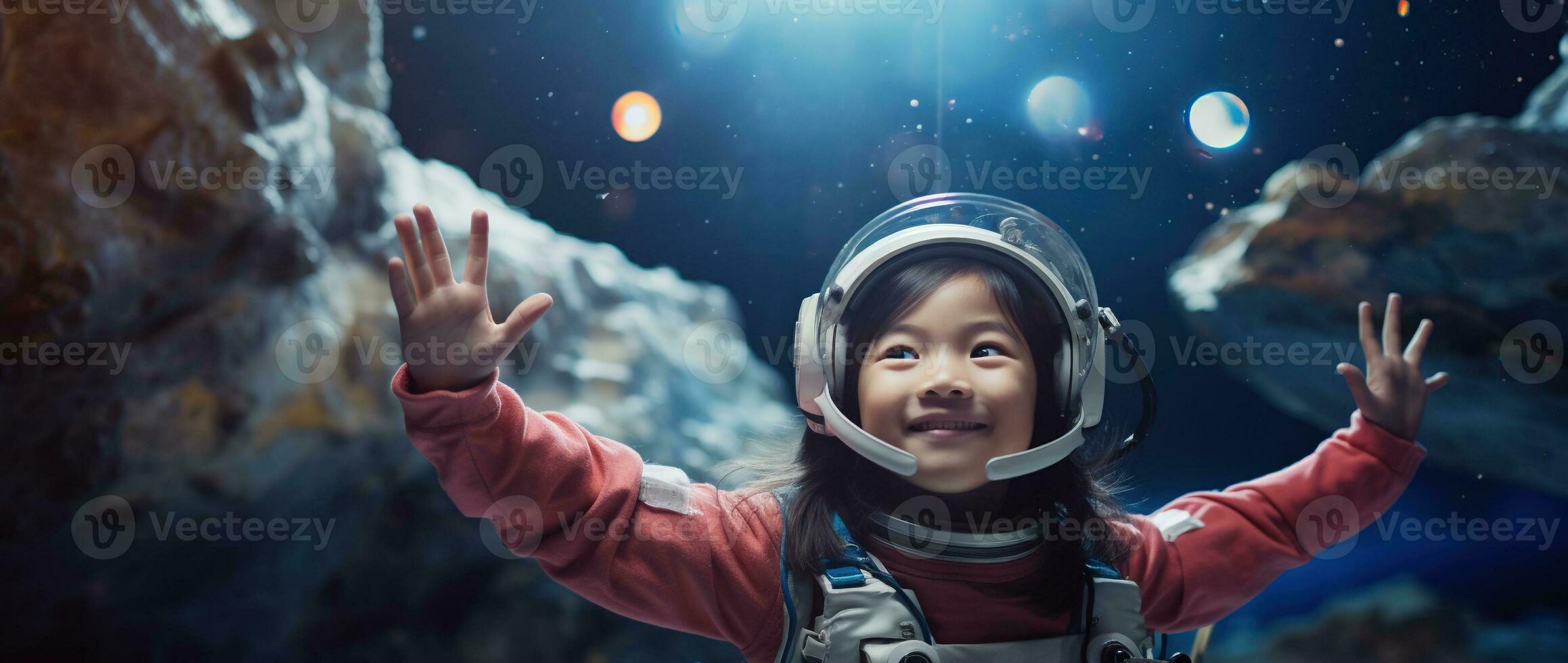 ai gegenereerd portret van een schattig Aziatisch weinig meisje vervelend astronaut kostuum en glimlachen in ruimte foto
