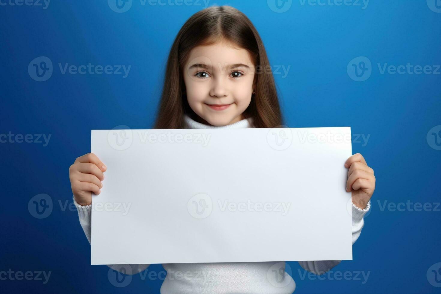 ai gegenereerd schattig weinig meisje Holding blanco wit vel van papier in haar handen foto