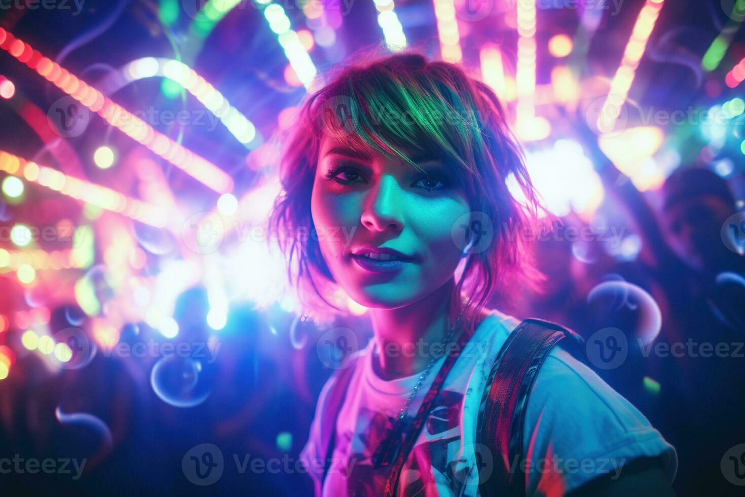 ai gegenereerd portret van jong mooi Aziatisch vrouw dansen in nacht club. foto