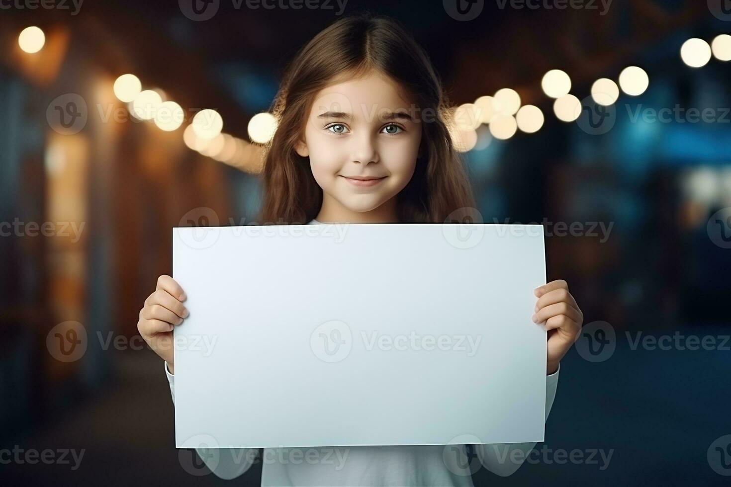 ai gegenereerd schattig weinig meisje Holding blanco wit vel van papier in haar handen foto