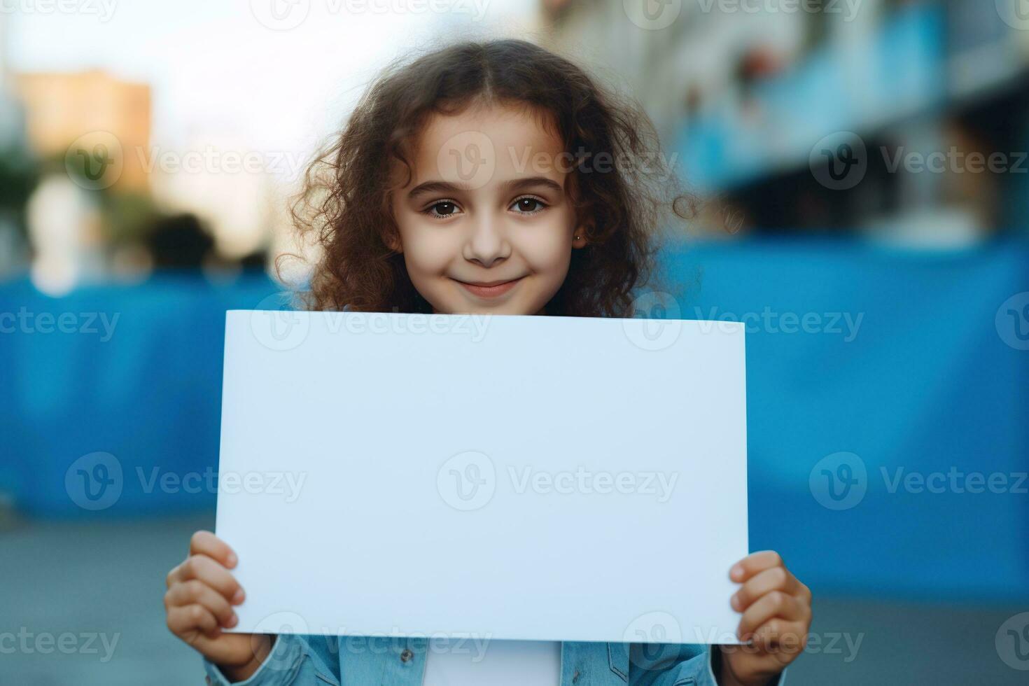 ai gegenereerd schattig weinig meisje Holding blanco wit vel van papier in haar handen foto