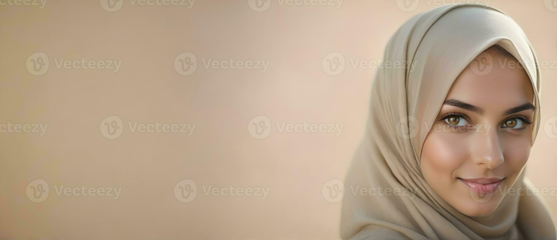 ai gegenereerd mooi moslim vrouw glimlachen en lachend vervelend een hijab en versierd sjaal foto