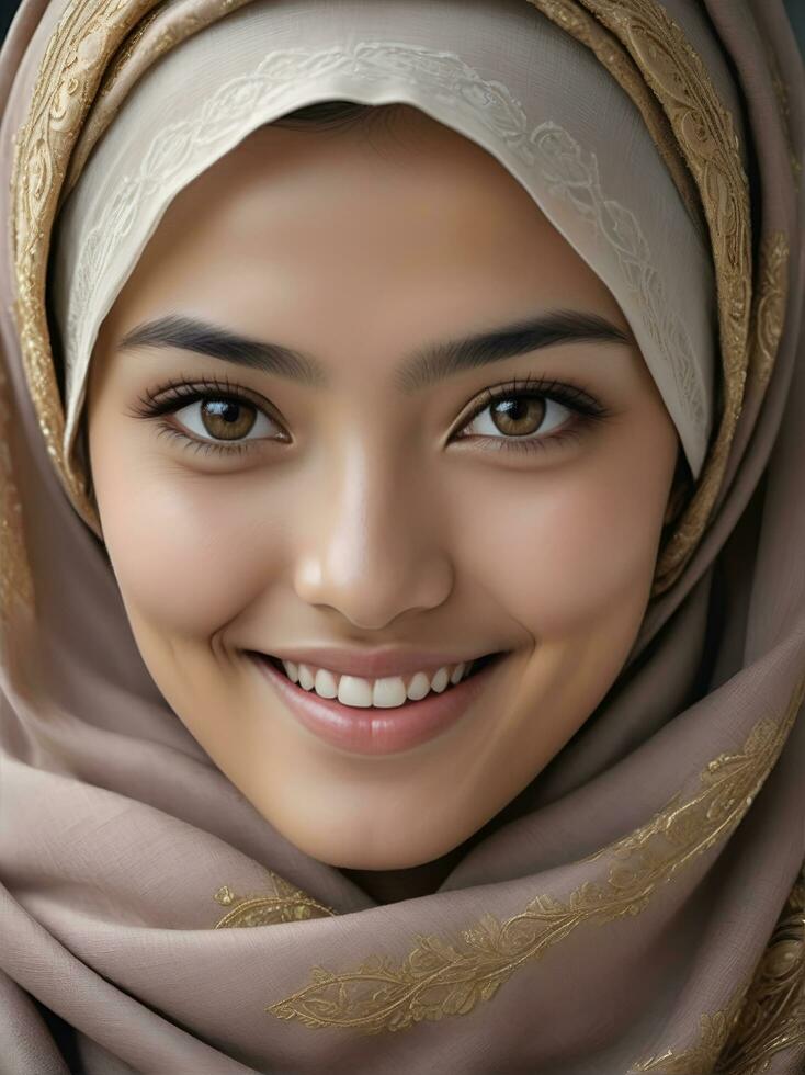 ai gegenereerd mooi moslim vrouw glimlachen en lachend vervelend een hijab en versierd sjaal foto