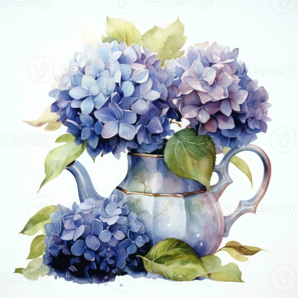 ai gegenereerd waterverf hortensia's in theepot geïsoleerd Aan wit achtergrond. ai gegenereerd foto