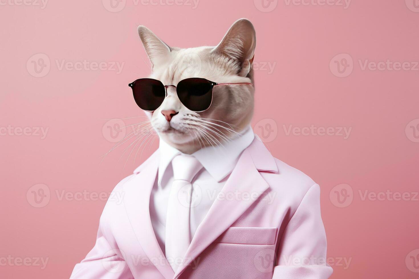 ai gegenereerd een kat is vervelend zonnebril en pak Aan roze achtergrond. ai gegenereerd foto