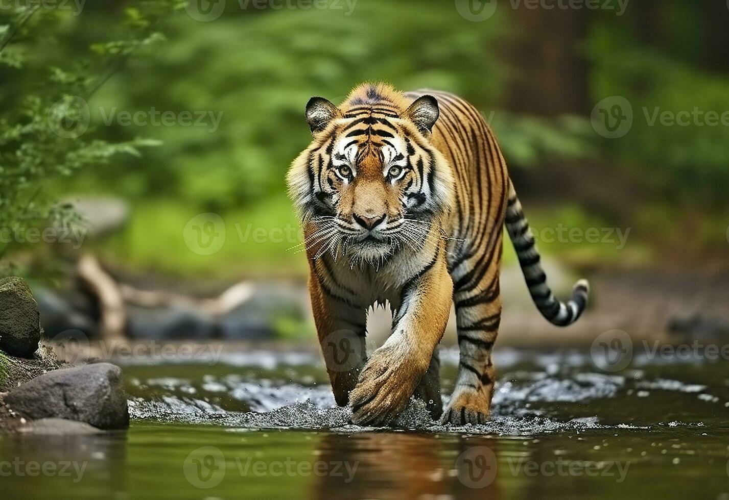 ai gegenereerd amur tijger wandelen in de water. gevaarlijk dier. dier in een groen Woud stroom. generatief ai foto