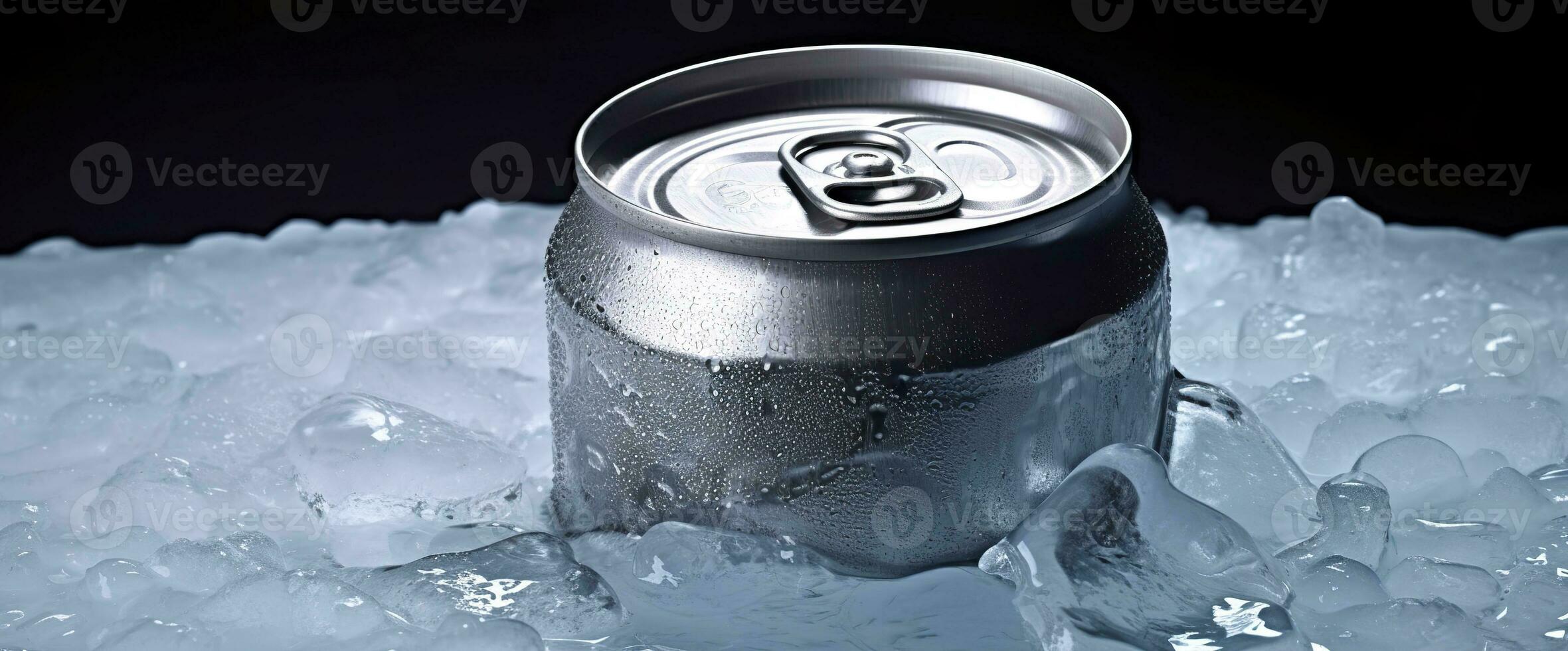 ai gegenereerd top van drinken blik kan bevroren ondergedompeld in vorst ijs, metaal aluminium drank. generatief ai foto