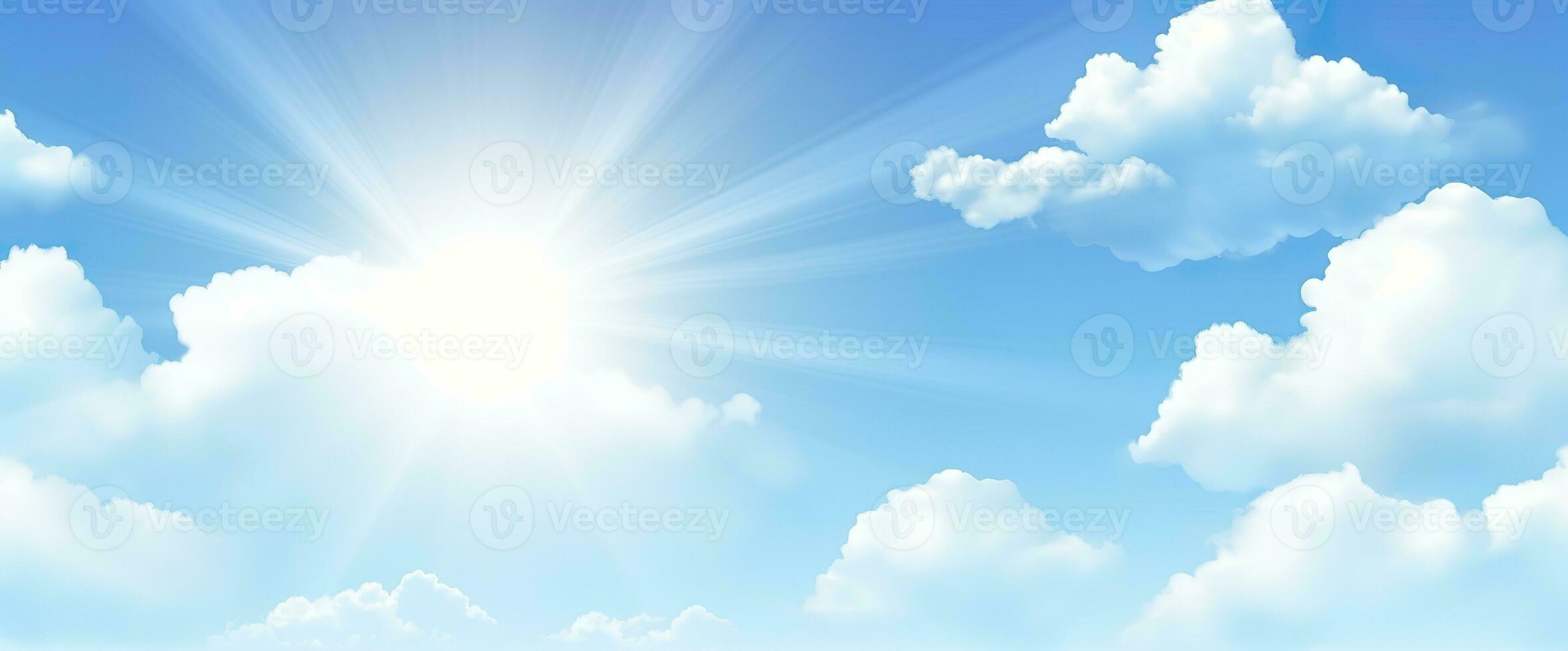 ai gegenereerd zonnig achtergrond, blauw lucht met wit wolken en zon. generatief ai foto