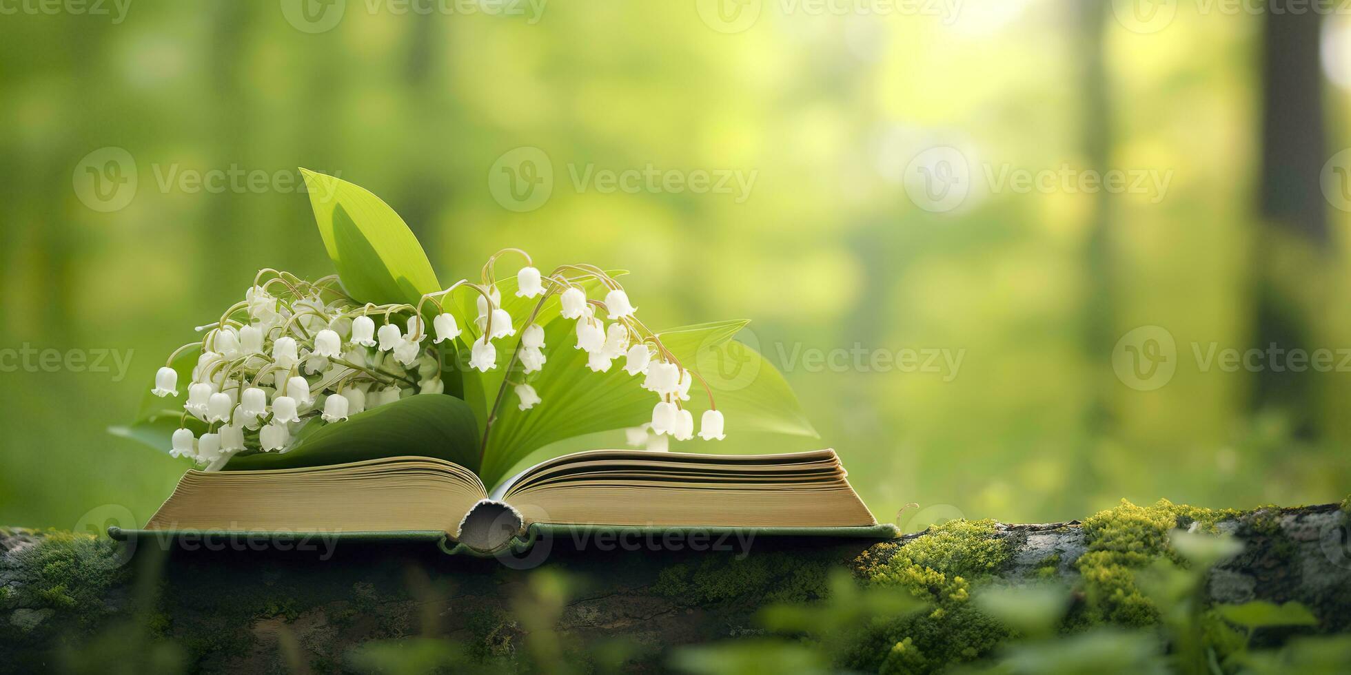 ai gegenereerd lelie van de vallei bloemen en oud boeken in de Woud, groen natuurlijk achtergrond. ai gegenereerd foto