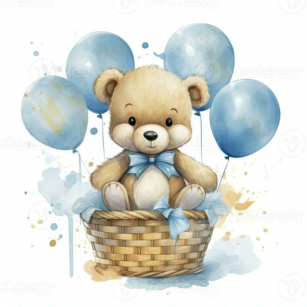 ai gegenereerd een waterverf baby teddy beer is zittend in de mand met blauw en goud ballonnen. ai gegenereerd foto